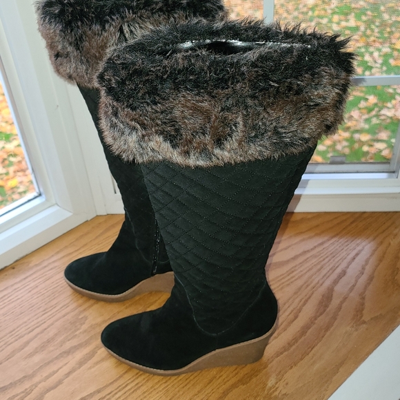 Boot black with grey wedge heel knee High boot - Picture 3 of 15